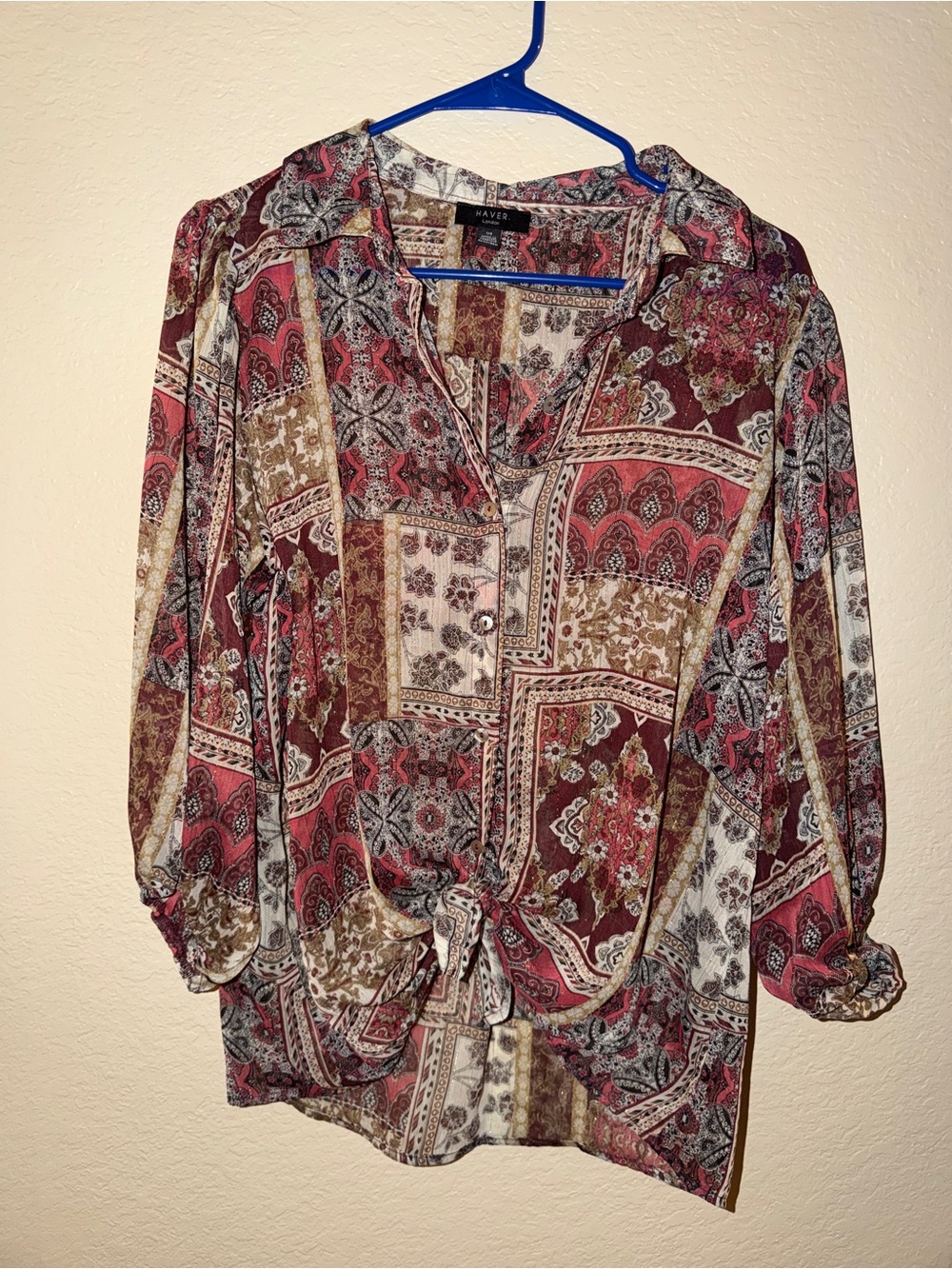 Have Women's Patchwork Print Tie-Front Blouse in Burgundy, Cream, and Tan